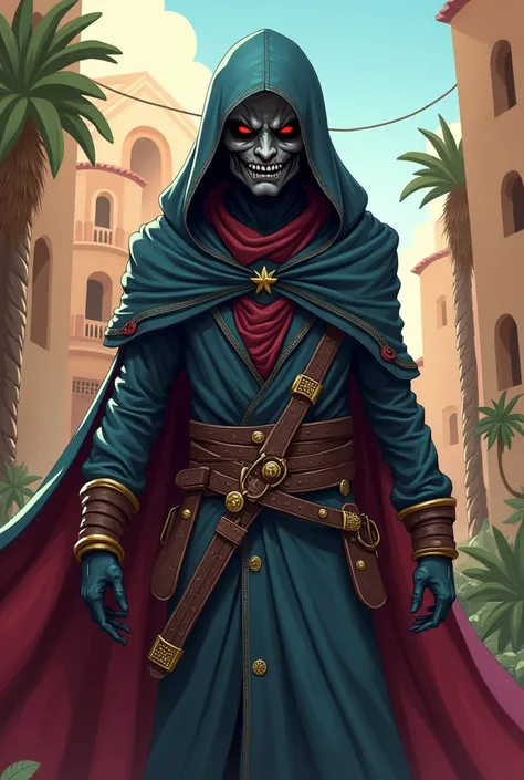 Hooded RPG rogue, middle eastern style with vampiric traces, cartoon