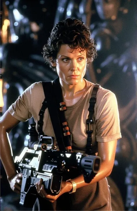 (sigourney weaver as ellen ripley from aliens,grainy TV still,35mm,1986 film, (((forefront shot of full figure , detailed pvc figurine of angry ellen ripley on a metal base))), dramatic lighting,side view,hourglass figure,wearing a off white singlet huge b...