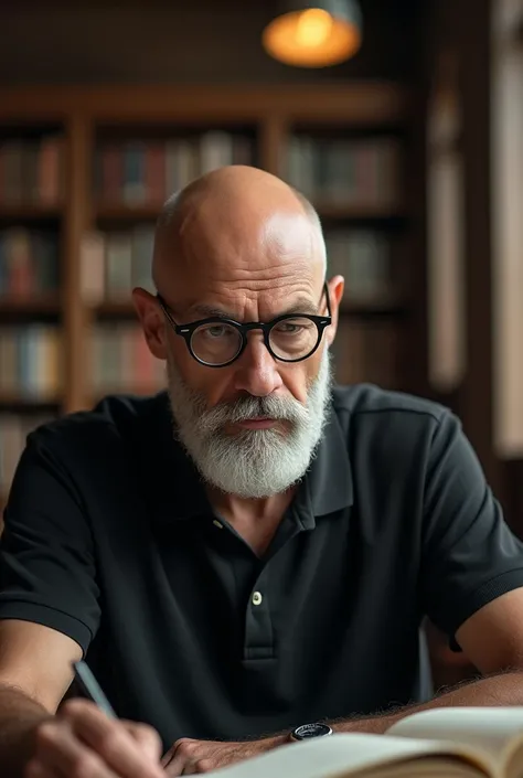 Caucasian man full white beard bald head , thin face  , round glasses with black rim and tinted lenses, black polo shirt studying in a library  