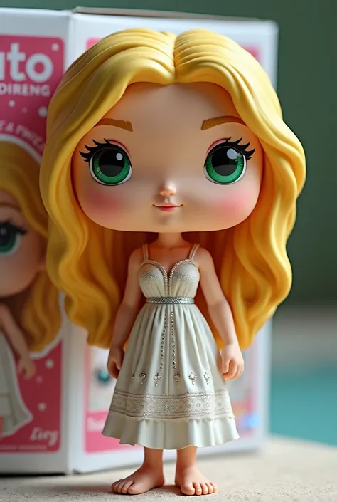 Make me a funko pop with blonde wavy hair,greeneyes, Greece dress by fiozato on the side of the box with the name Liese and personalized with the colors pink,white and silver glitter