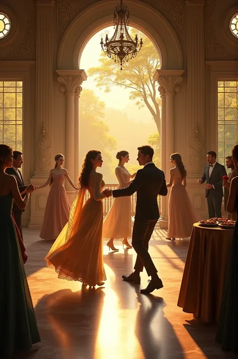 Victorian ballroom with Rivendell touches in which several couples of elves dance a waltz and a few have appetizers at a side table. In the background you can see a window overlooking the forest at sunset..