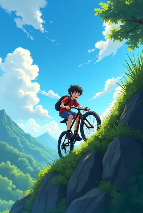 An anime-style image of a boy riding his bike up a steep hill 