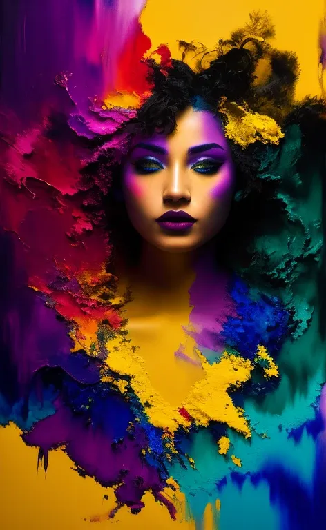 an unusually beautiful woman .in the style of alberto seveso flow of blacks , gold , blue , purple , yellow , red , green ink , ...