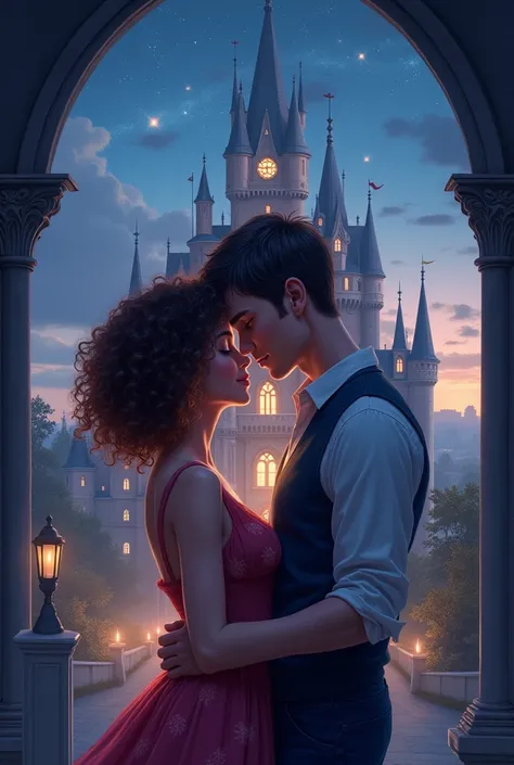 Create a cover for a book, It must be a couple hugging, a curly-haired brunette and a man with short, dark hair., the two must be in front of a castle with a starry sky 