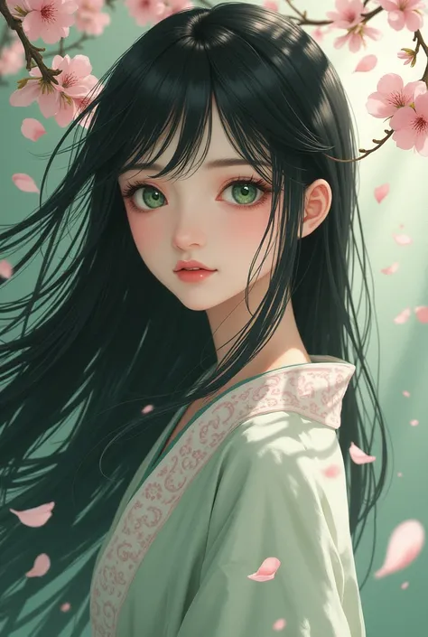 make a delicate woman with black hair pale skin green eyes, anime styling, era heian