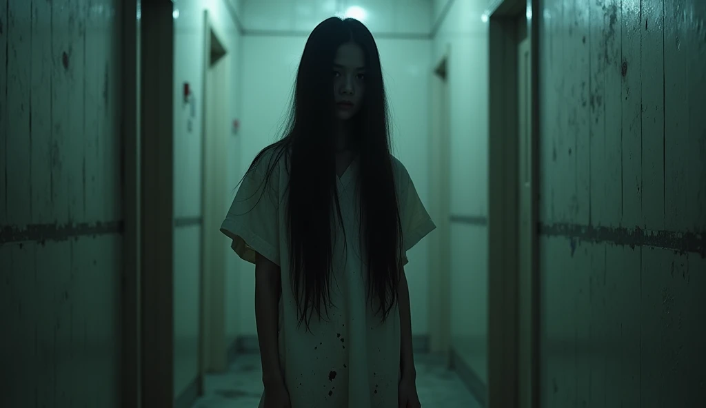 horror film shot of a creepy girl with very long straight black hair, hair covering her face, hair is very long until touches the ground, wearing a dirty hospital gown, standing alone in the hostel toilet, low key lighting, rule of the thirds, tonal color ...