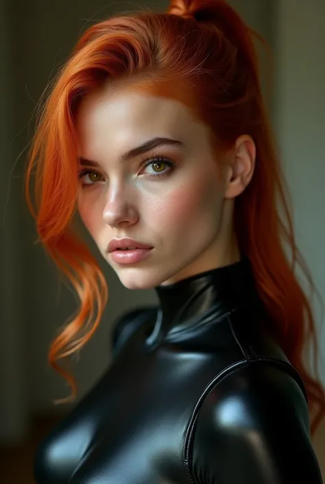 ginger woman, young, naked, curly mullet, dimples, thick belt around neck, black shiny latex bodysuit, close-up, UHD, retina, masterpiece, accurate, anatomically correct, textured skin, super detail, high details, high quality, award winning, best quality,...