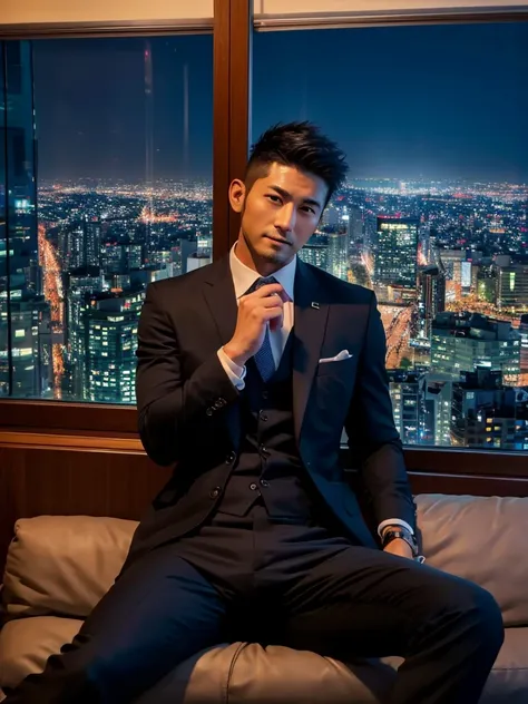 masterpiece:1.2, high quality:1.2, 1guy, 38_year_old, handsome, masculine Japanese male, beefy body, belly:1.2,firm chin, Stubble, very short hair,vary short hair, yakuza, black suit, black suit pants, Crotch bulge, black socks, legs spread, sitting on the...