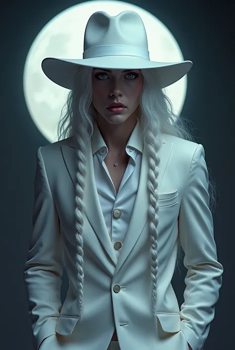 masterpiece, highest quality, solo focus, (perfect face:1.1), (high detail:1.1),dramatic, 1guy, (pale skin), long voluminous braided white hair, white eyes, solo, long hair, moon, night, white luxury suit, white fedora hat, covered navel, pouty lips, cover...