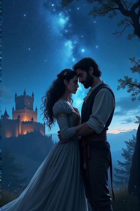 Create a cover for a book, it must be a couple hugging a black woman with long curly hair wearing a medieval princess dress and a dark-haired man wearing simple medieval clothes with short hair and a beard to shave, the two must be in front of a castle wit...