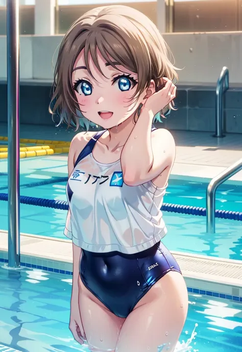 yo watanabe, watanabe yo, short hair, blue eyes, brown hair, smile, open your mouth,tooth,swimsuit,barefoot,wet swimsuit,wet ski...