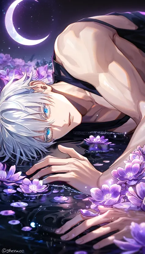 absurdres, highres, ultra detailed, HDR, master piece, Gojou Satoru, white hair with bangs, expressive blue eyes, white eyelashes, black clothes, Jujutsu Kaisen, sexy man, handsome, best quality, purple glittering crescent moon, purple flowers, fantasy, ma...