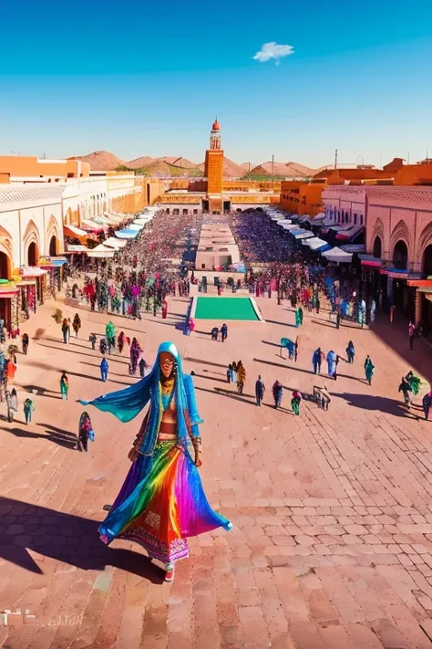 ((jemaa el fna square in the background)), posing photo of seductive abigail beautiful bright woman splashing rainbow, (((ojuelo...