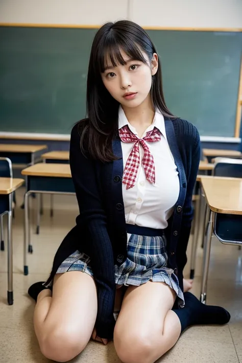 alone、high school girl、Natural body shape、White skin、Natural Makeup、Black Hair、bangs、Straight Long Hair、((High School Uniform))(((Navy Blue Cardigan、White collar blouse、red school ribbon、Checkered Pleated Skirt、mini skirt)))、((Big Breasts))、、School classro...