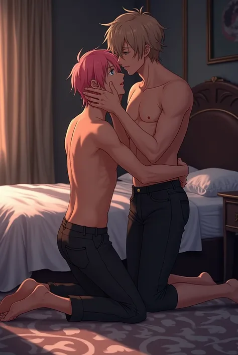 Draw two anime  hotel room. One guy has dark pink hair, light baby blue eyes, and black skin. He is kneeling on the floor as a passive subject. He is shirtless, showing slightly muscular skin. The other guy has light neutral brown hair, caramel eyes, and b...