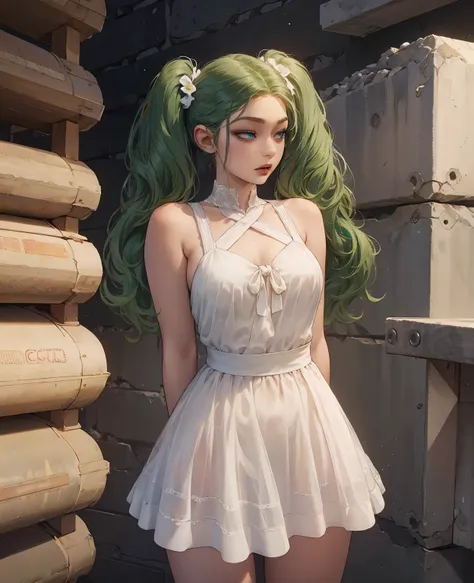 the innocence, dark green hair, twintails, arms behind back, white dress, black waist tie, a girl,blue eyes,