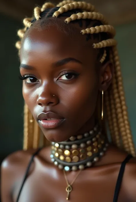 nigerian woman, young, naked, blond african braids, septum piercing, face tatoos, dimples, thick belt around neck, naughty expression, shiny latex bodysuit, close-up, UHD, retina, masterpiece, accurate, anatomically correct, textured skin, super detail, hi...