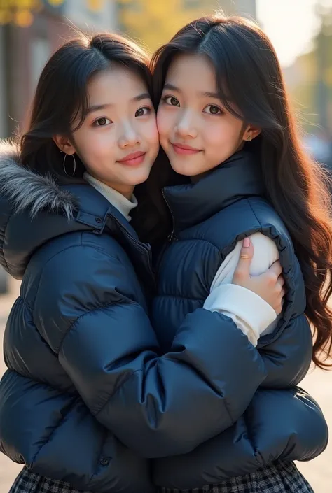 group of cute 16 year old Asian women ,wearing a very large navy blue tight shiny puffer coat, thick eyebrows, photorealistic, masterpiece, moncler, fluffy fur hood, , wavy hair, large breasts, open coat, school uniform, white blouse, pleated skirt, huggin...