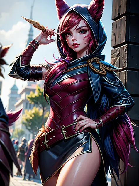 1 girl, afterimage, rote haar, breasts, pull clothes, animal ears, (xayah hoodie), (xayah cape), cowboy-shot, contrasting sleeve...