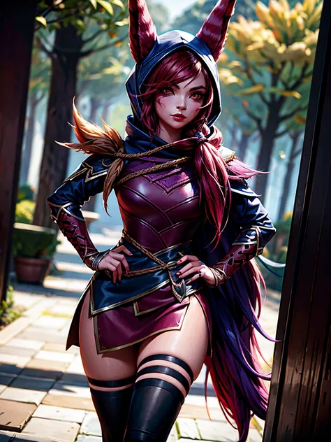 1 girl, afterimage, rote haar, breasts, pull clothes, animal ears, (xayah hoodie), (xayah cape), cowboy-shot, contrasting sleeve...