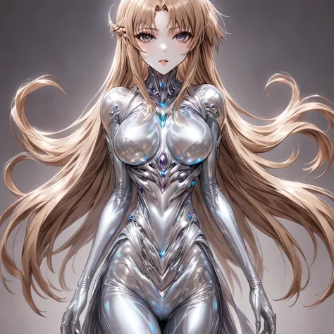 ((Highest quality)), ((masterpiece)), (detailed), （Perfect Face）、The woman is Yuuki Asuna, a completely metallic lifeform with metallic silver skin and face, and light brown metallic medium-long hair.、The woman is a metallic lifeform whose entire body and ...