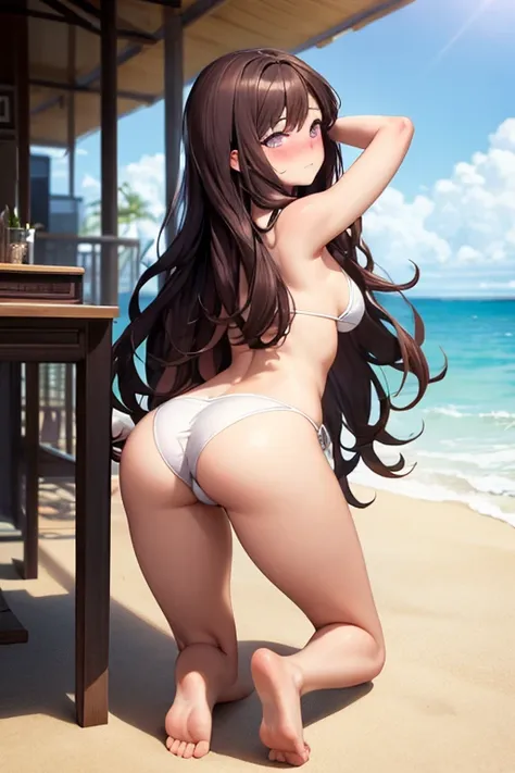 ((best quality)), ((masterpiece)), (detailed), 1 girl, full body, 19 years old, embarrassed face, young adult, somewhat short stature, purple eyes, brown hair, somewhat wavy hair, long hair, bang, blushing, very small breasts, sexy white bikini, bending ov...