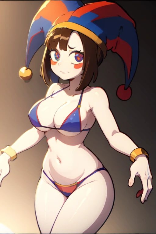 pomni. The amazing digital circus. White skin. Short brown hair. Jesters hat. Blue and red eyes. Bikini. Breasts 