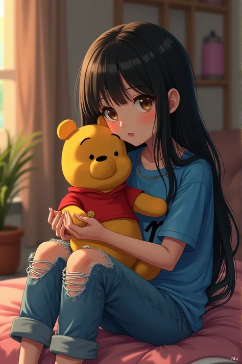 I want a girl sitting with her little Winnie the Pooh in her arms she has a blue t-shirt torn pants and sneakers she has long straight black hair this is white test red lips brown eyes she has a little chain on her neck chains in her hands and she is liste...