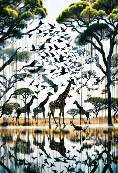 ((double exposure)) ((photography)) of the ((lions, antelopes, giraffes)) and ((grass and trees)) and ((birds flying in the sky)...