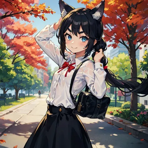 young girl with black hair, long twintail, twintail hairstyle, (blue eyes), ((small bushy eyebrows)), (wolf ears up), wearing go...