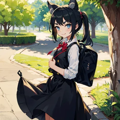 Young girl with black hair, long twintail, twintail hairstyle, (blue eyes), ((small bushy eyebrows)), (wolf ears up), wearing gothic lolita, lolicon clothes, going to school, dull eyes, dull face, going to school, flirtatious smile, small and perky breasts...