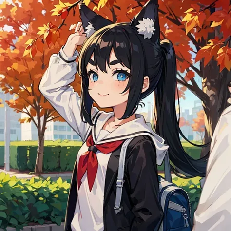 Young girl with black hair, long twintail, twintail hairstyle, (blue eyes), ((small bushy eyebrows)), (wolf ears up), wearing gothic lolita, lolicon clothes, going to school, dull eyes, dull face, going to school, flirtatious smile, small and perky breasts...