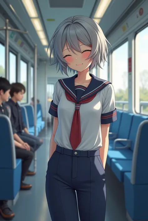 high quality、8K Ultra HD、Shortcuts、Gray Hair、14 years old, normal build、Height: 150cm、The expression is a smiling face with eyes closed.、Erotic imagination、uniform、赤いuniformリボン、The place is on the train、Panty shot、Masturbation