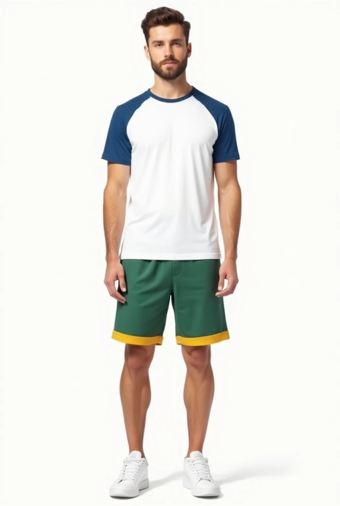 male sketch. white t-shirt with blue detail on the shoulders and sleeves. elegant matcha green shorts with yellow hem. white sneakers on the feet.