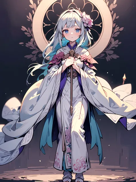 (((masterpiece, best quality, high detailed, 16k))) (1girl) A serene and graceful healer with long, flowing lavender hair and gentle blue eyes. She is draped in soft, flowing robes of white and pastel purple, embroidered with delicate floral patterns. Her ...