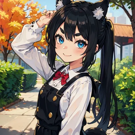 Young girl with black hair, long twintail, twintail hairstyle, (blue eyes), ((small bushy eyebrows)), (wolf ears up), wearing gothic lolita, lolicon clothes, going to school, dull eyes, dull face, going to school, flirtatious smile, small and perky breasts...