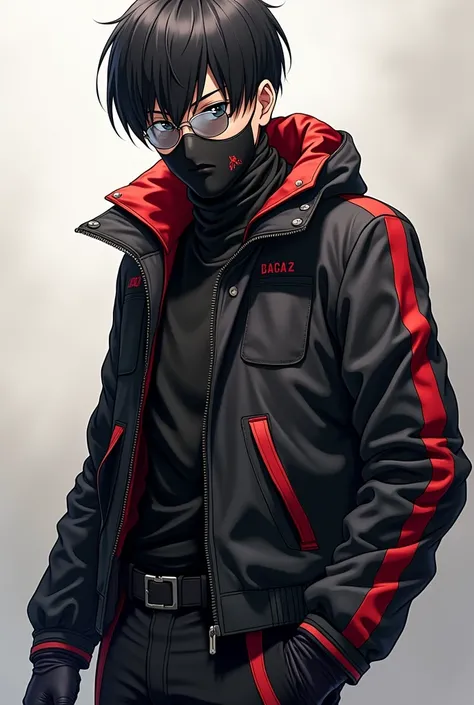 Boy in black jacket with red stripes, black pants with red stripes, sunglasses ,black gloves, tactical cloth mask and anime version 