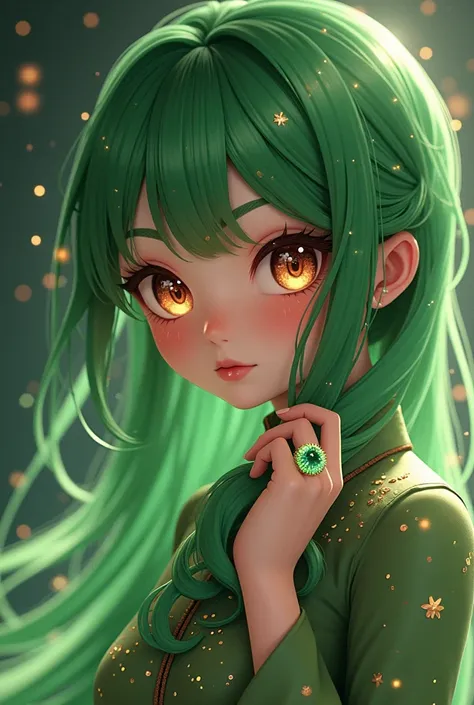 matte painting of a green haired anime girl with sparkling brown eyes with Star motif, wearing a traditional green kebaya, holding hair, her hand is wearing a sparkling green ring, detailed glitter, deep color, fantastic, intricate details, splash screen, ...