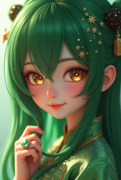 matte painting of a green haired anime girl with sparkling brown eyes with Star motif, wearing a traditional green kebaya, holding hair, her hand is wearing a sparkling green ring, detailed glitter, deep color, fantastic, intricate details, splash screen, ...