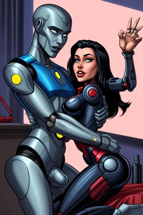 Drone woman, robot, cyborg hugs a male human ( signs of male sex)