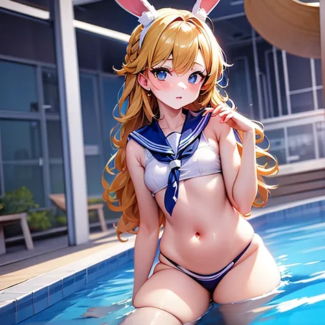 The background is the school pool, There are many female students in the background, A fusion of sailor uniform and school swimsuit, Model pose, Bunny ears, Thick eyebrows, Girl Brat, small, Braid, Beautiful blonde, Braid, (masterpiece), ((Highest quality)...