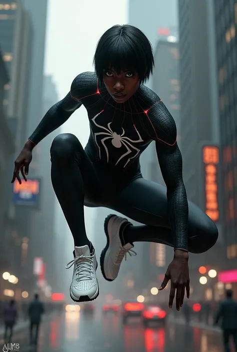 Dark-skinned Spiderman with short, straight hair and white Air Optempo sneakers 