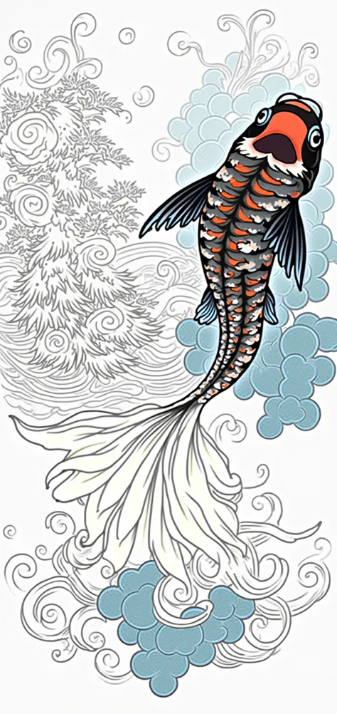 I want a tattoo design, with a koi fish looking up to the left, whose tail is not as thick as the classic ones and is with a classic Japanese background, of wind and sea