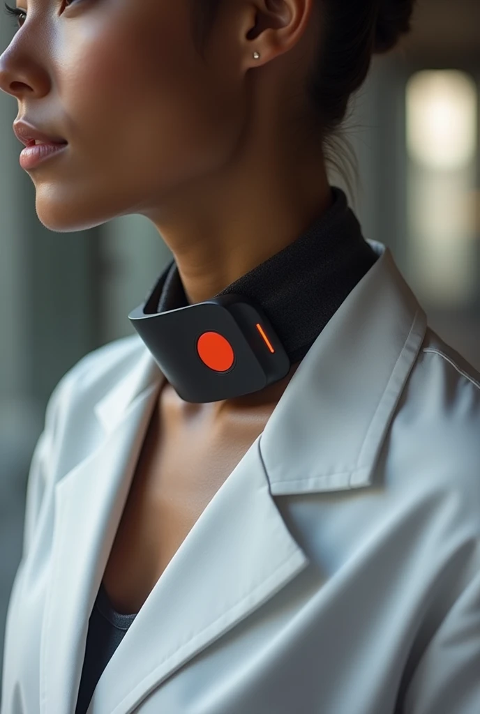 A prototype of a collar that is not thick but not too thick that monitors health and breathing and has a button that is red 