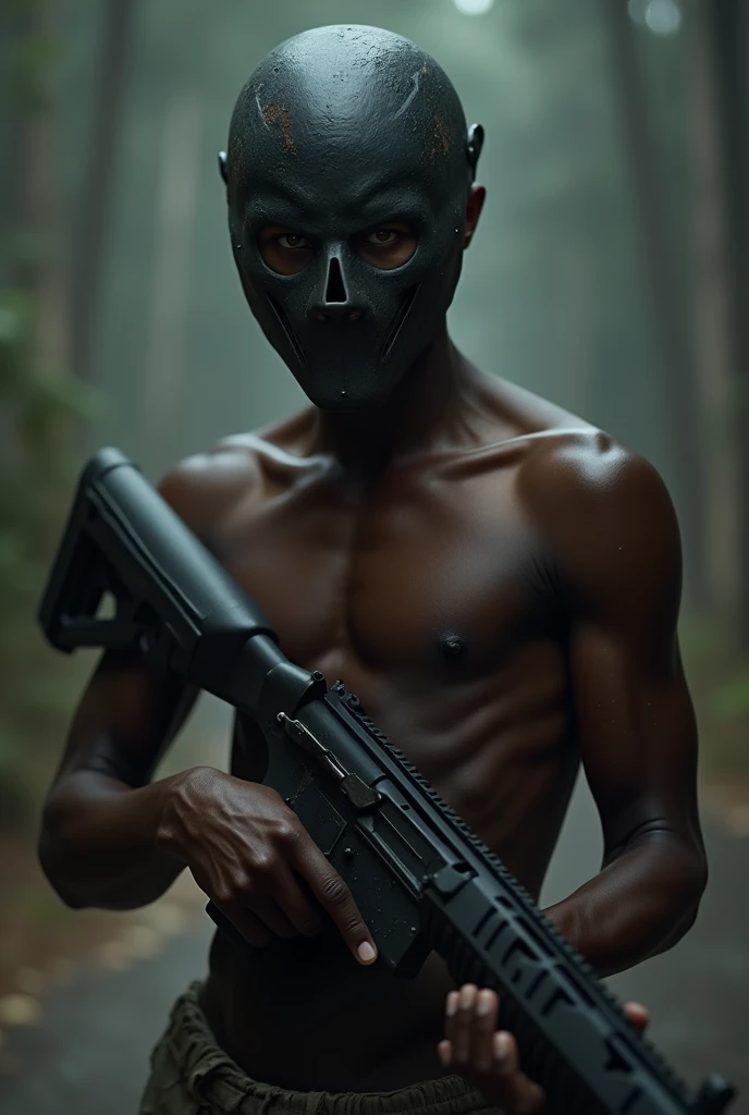 young dark-skinned man with Jackson Volters mask and rifle in hand shirtless slim 