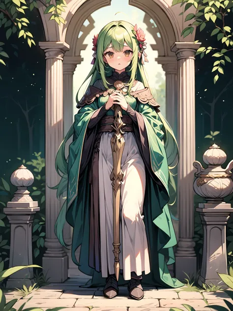 (((masterpiece, best quality, high detailed, 16k))) (1girl) A mystical forest guardian with flowing green hair and deep brown eyes that reflect the ancient wisdom of the woods. She is adorned in earthy tones of brown and green, with vines and leaves woven ...