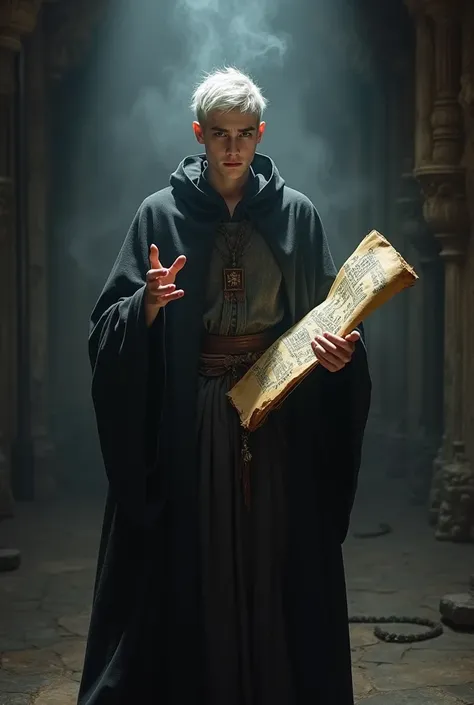 A young man, offwhite, in medieval times doing black magic with one hand and a scroll in the other 