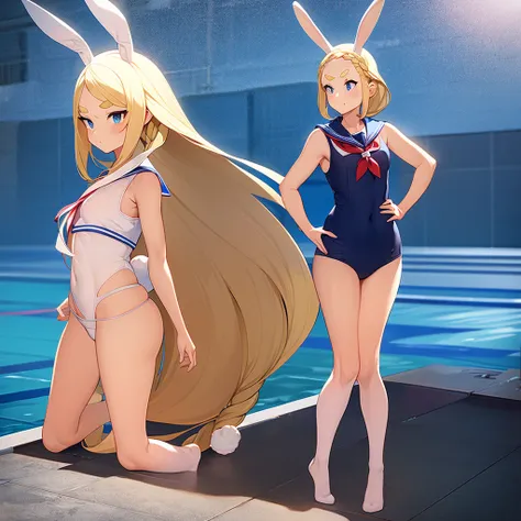 The background is the school pool, There are many female students in the background, A fusion of sailor uniform and school swimsuit, Model pose, Bunny ears, Thick eyebrows, Girl Brat, small, Braid, Beautiful blonde, Braid, (masterpiece), ((Highest quality)...