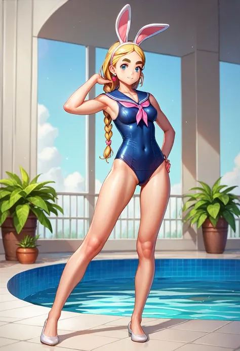 The background is the school pool, There are many female students in the background, A fusion of sailor uniform and school swimsuit, Model pose, Bunny ears, Thick eyebrows, Girl Brat, small, Braid, Beautiful blonde, Braid, (masterpiece), ((Highest quality)...