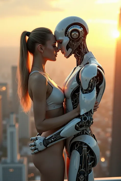 Sexual relationship between a male cyborg and a female cyborg on the roof of a skyscraper, high quality, best quality, absurdres, masterpiece, beautiful, intricate details, 1/2 body crop, slim body, beautiful figure, magnificent anatomy, (intricate details...